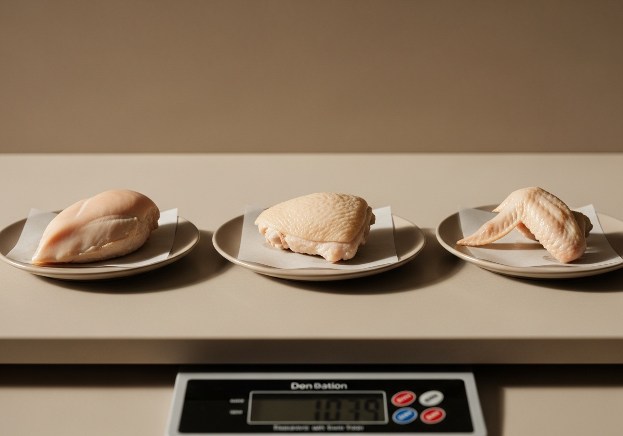 Show cooked chicken portions in a simple comparison setup that helps readers understand calorie differences based on cut and cooked weight. — calories in chicken