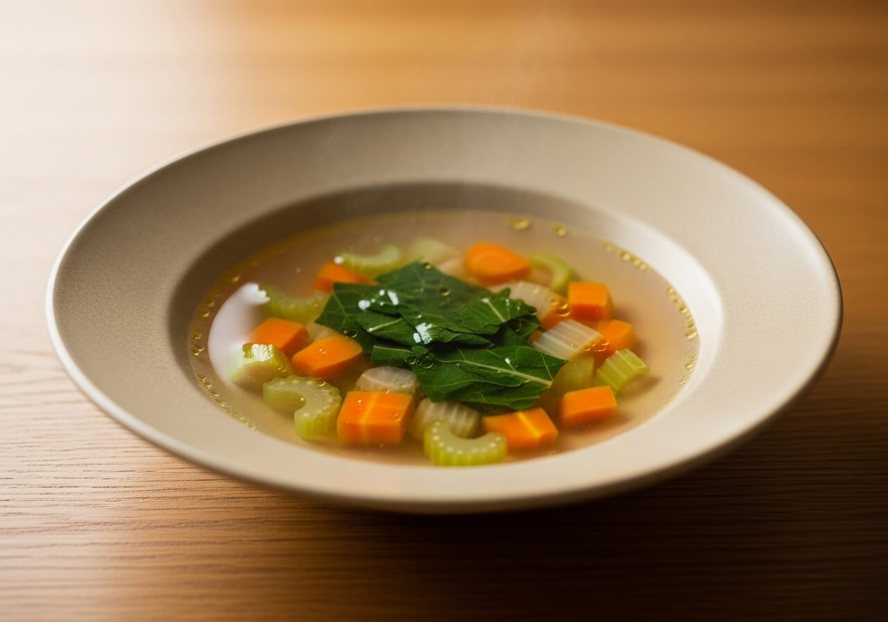 Show a broth-based soup starter that takes up volume without many calories — high volume low calorie foods