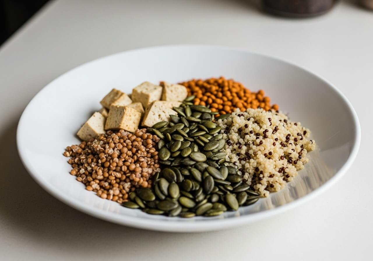 Daily variety of plant proteins creating a complete nutrient pattern across one meal — plant based muscle building