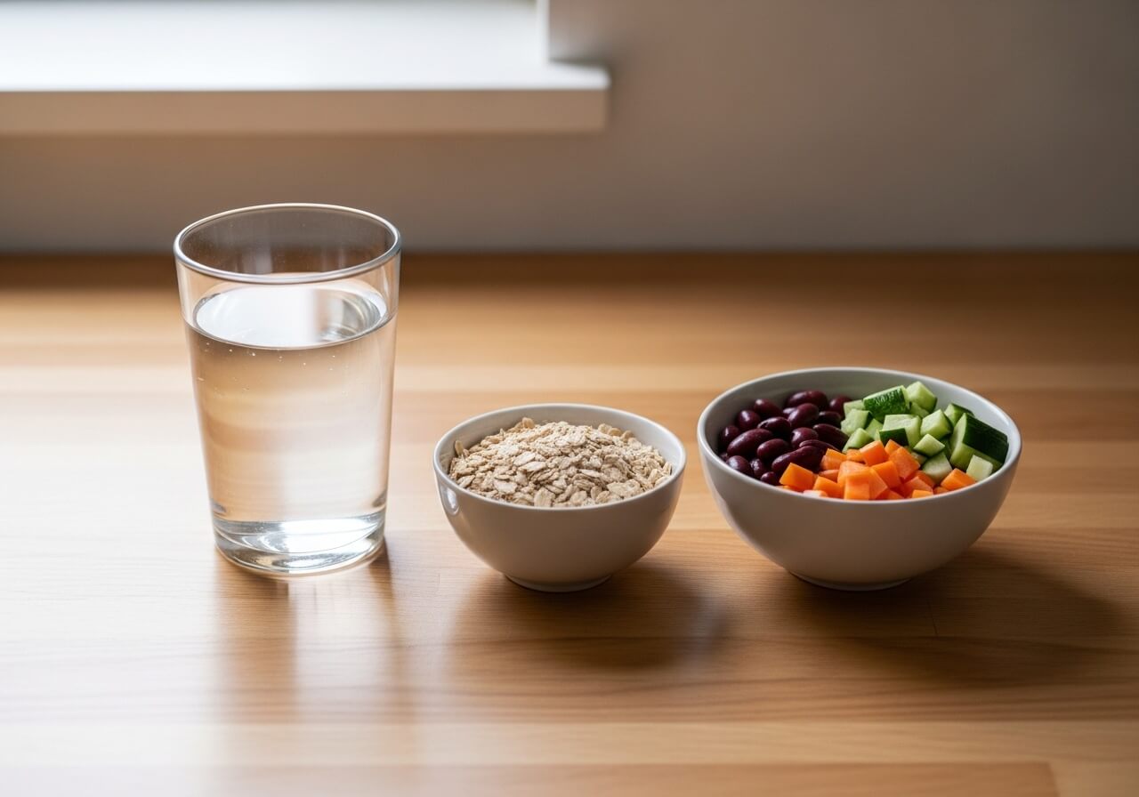 Show a practical gradual fiber increase paired with hydration — soluble insoluble fiber types