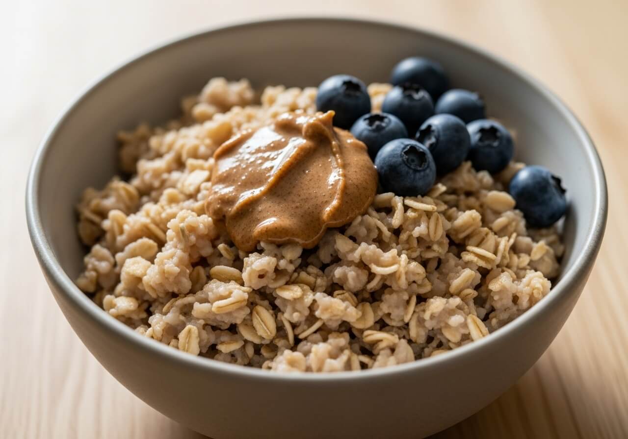 Show oats as a slow-digesting, stabilizing breakfast base — natural energy boosting foods