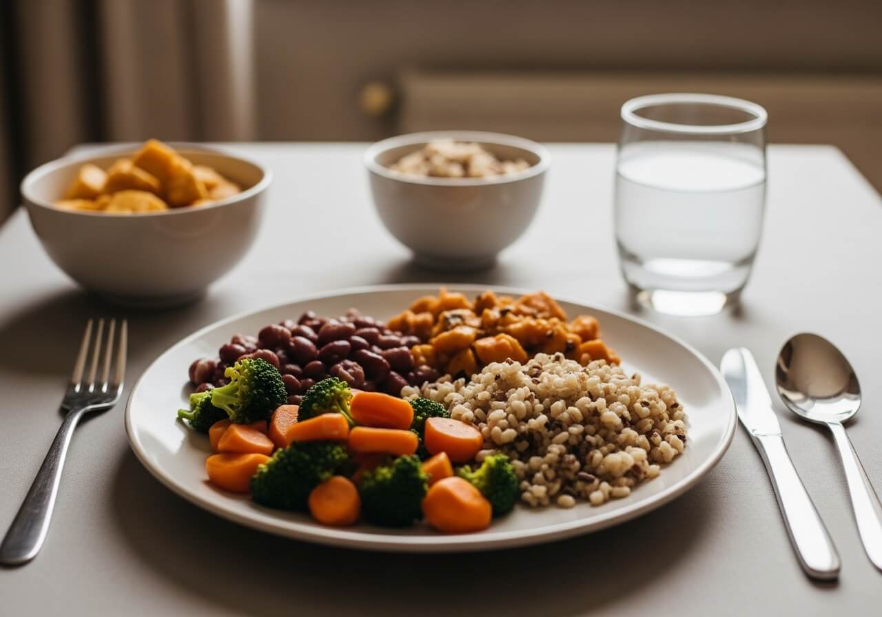 Show the idea that high-fiber foods are ordinary foods that help digestion feel steady and help meals keep you full longer — high fiber foods