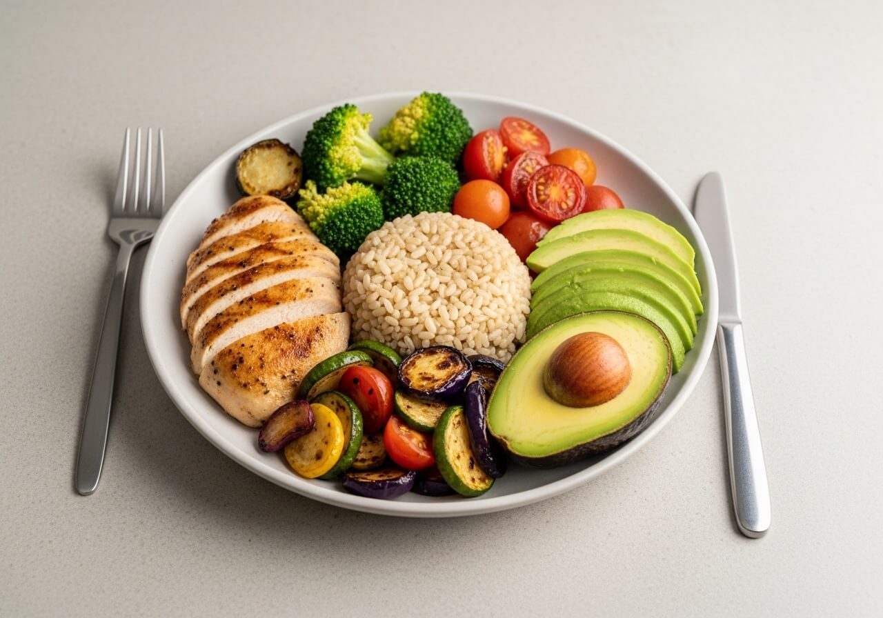 A practical meal plate that communicates adjusting food balance based on energy and satiety needs — nutrition plan by body type