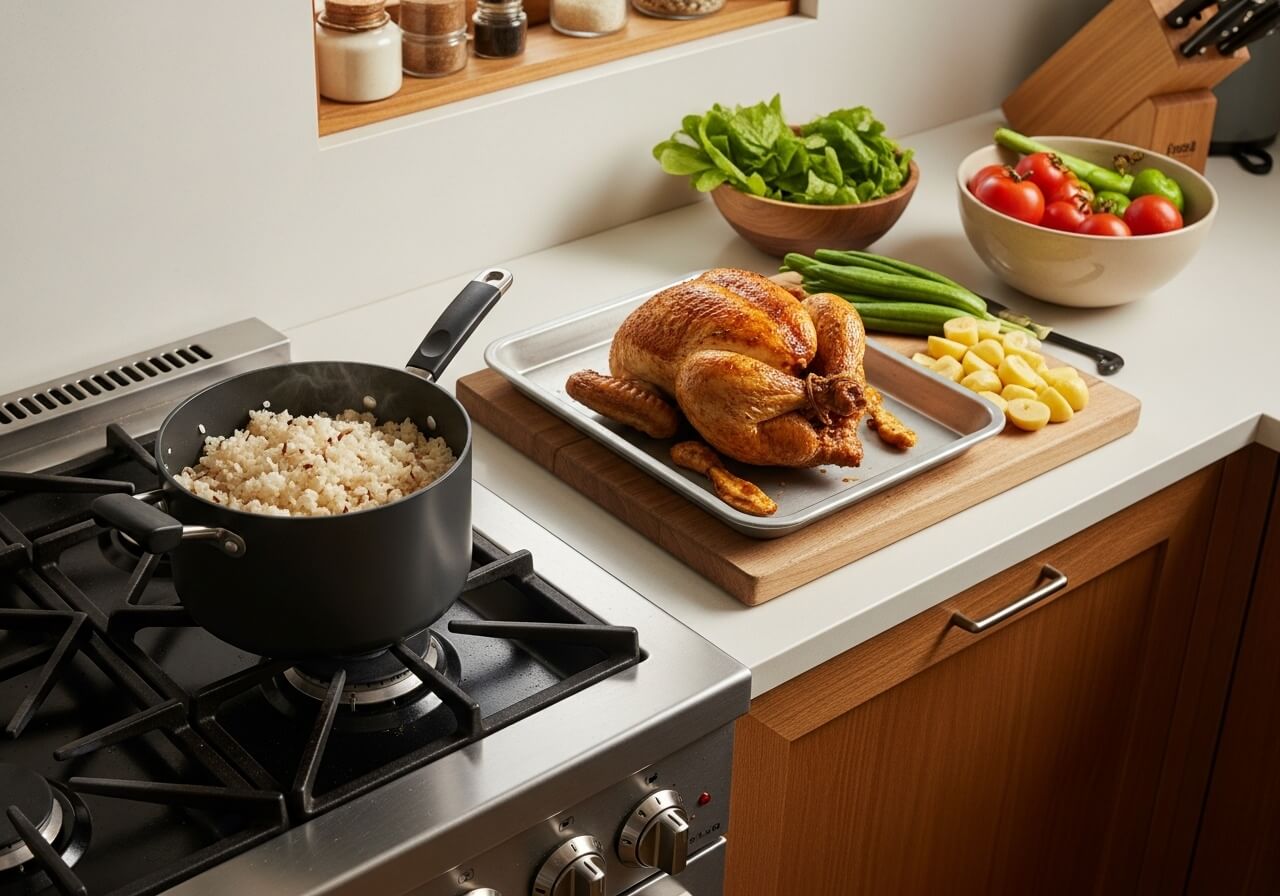 A realistic prep-day setup showing the core batch-cooking workflow without making it look complicated — sustainable meal prep system