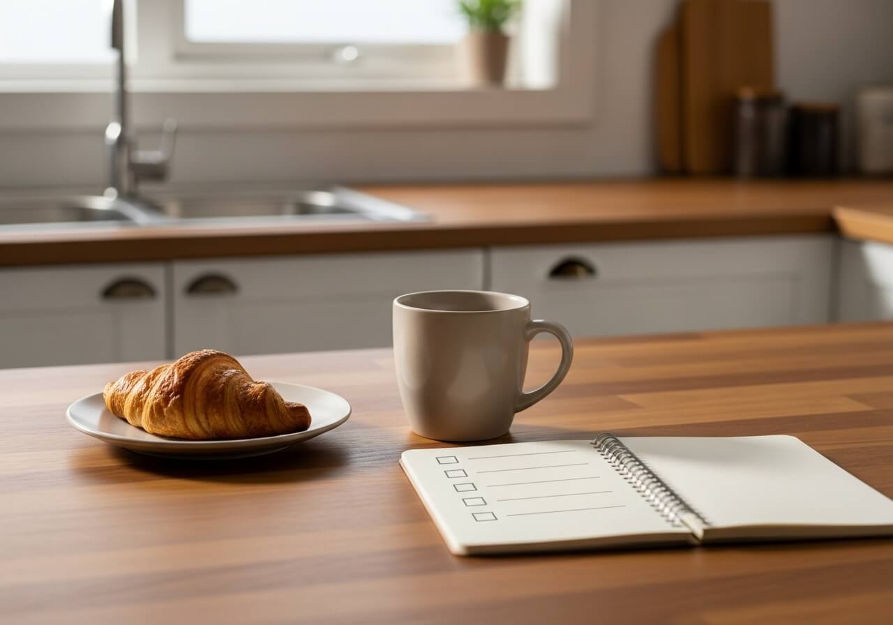 Show a repeated real-life eating pattern in a normal routine context that can be modified — build sustainable nutrition habits