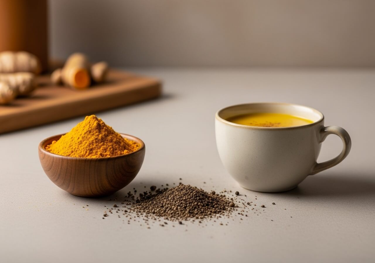 Show black pepper enhancing turmeric use in a real cooking context — nutrient absorption enhancers