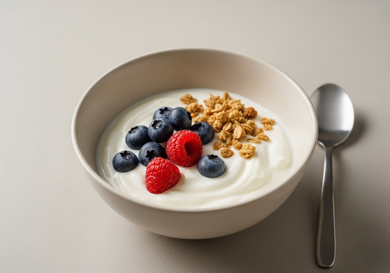 Show an unsweetened dairy snack with controlled toppings, emphasizing plain yogurt as a customizable base — healthy snacks nutrition