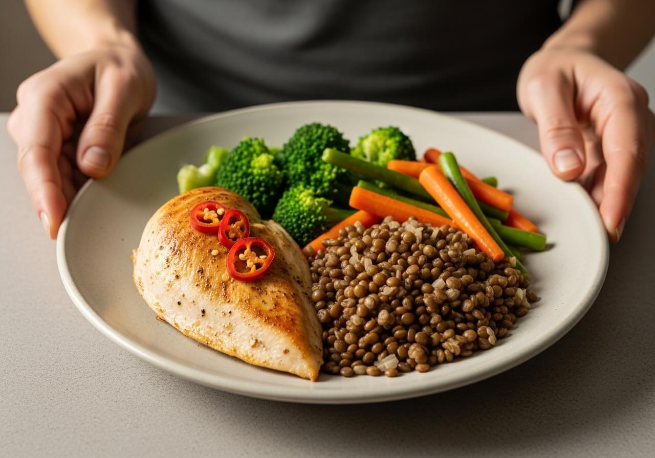 Show a protein-centered meal that reflects satiety and thermic effect — boost metabolism nutrition