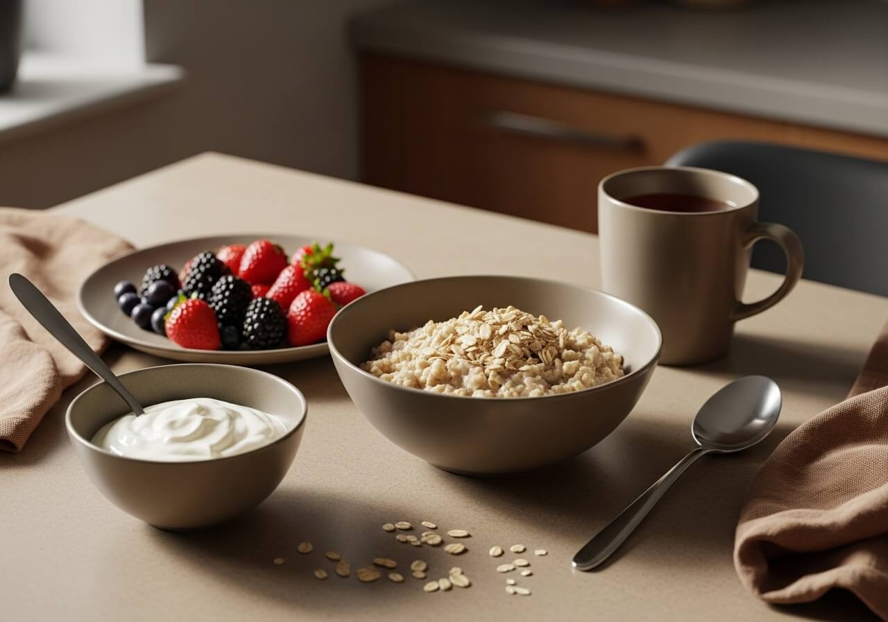 Show a relaxed, less rigid meal timing pattern on a rest day — nutrition deload weeks